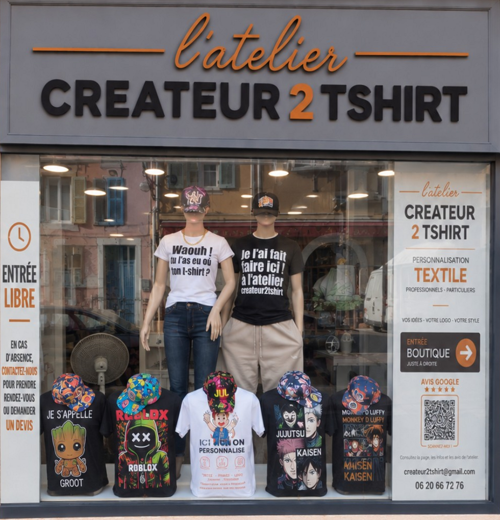 La vitrine orange et anthracite de l’atelier Créateur2tshirt à Fréjus